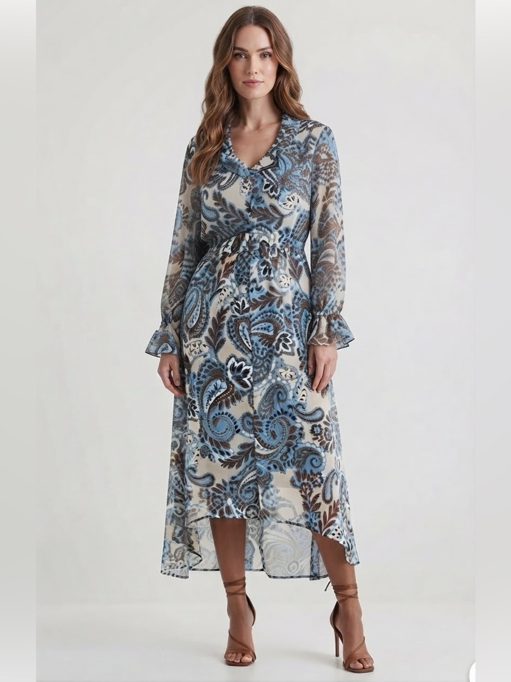 a.n.a Womens Long Sleeve High-Low Paisley A-Line Dress